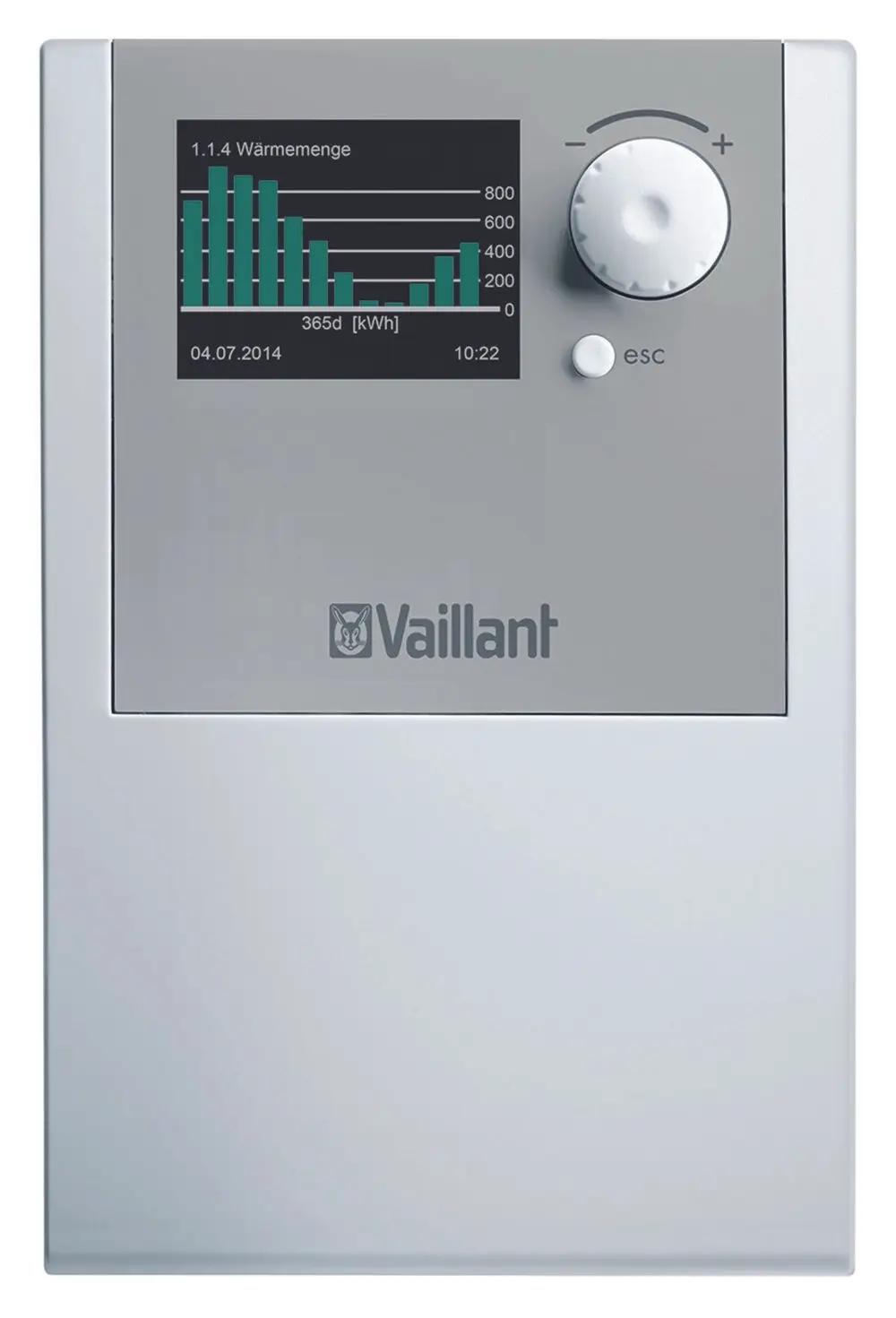 Vaillant Steuergerät mit Display, auf dem ein Balkendiagramm für Temperaturdifferenzregelung und Werte in kWh angezeigt werden. Einstellrad zur Anpassung der Einstellungen.